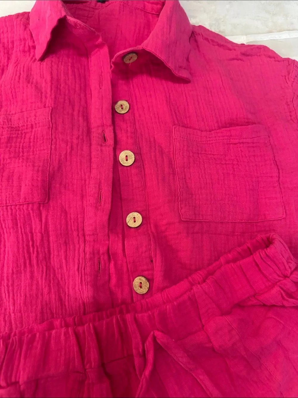Bright Pink Two-Piece Button Shirt & Drawstring Shorts Set
